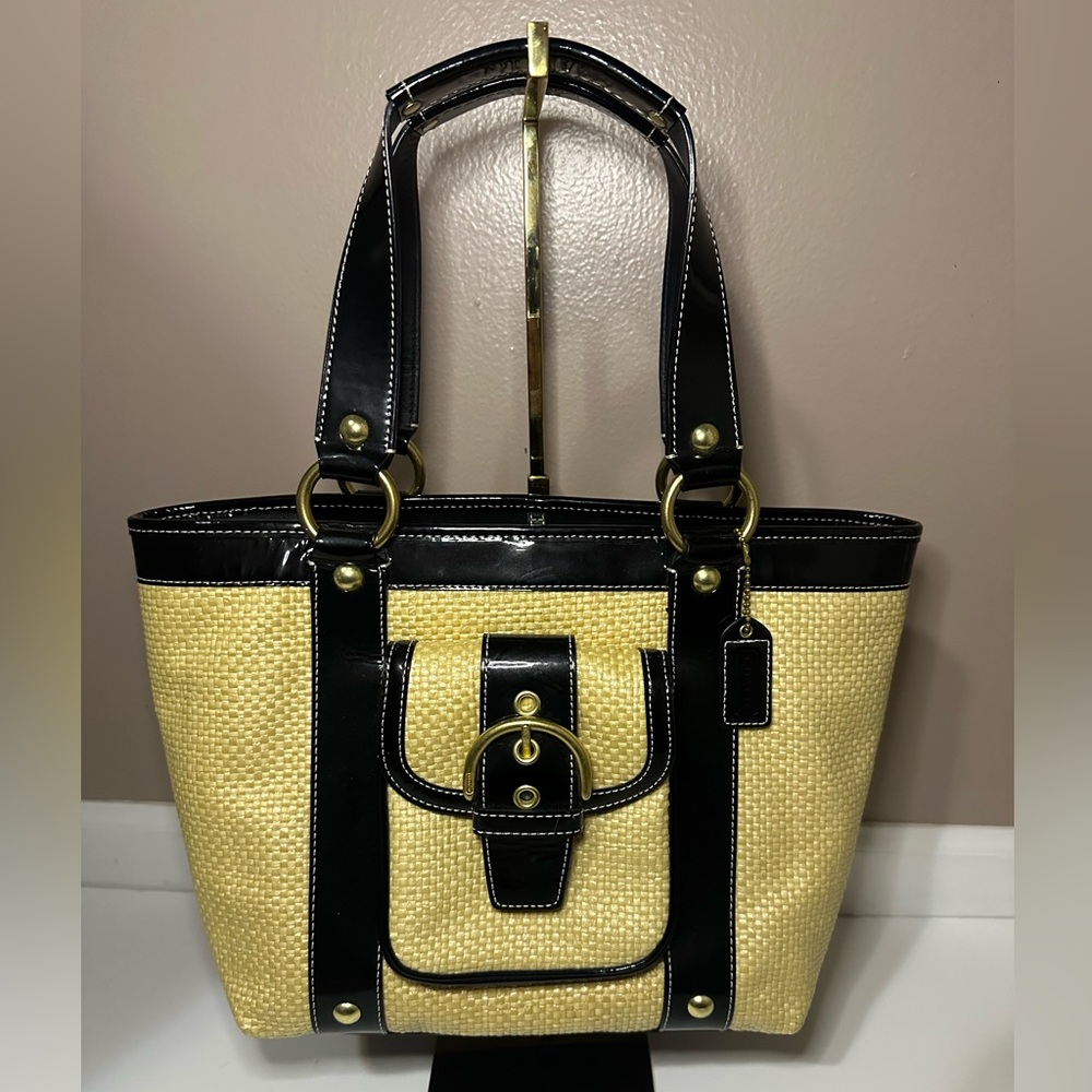 Coach Black and Natural Straw Tote Shoulder Bag - Picture 2 of 15